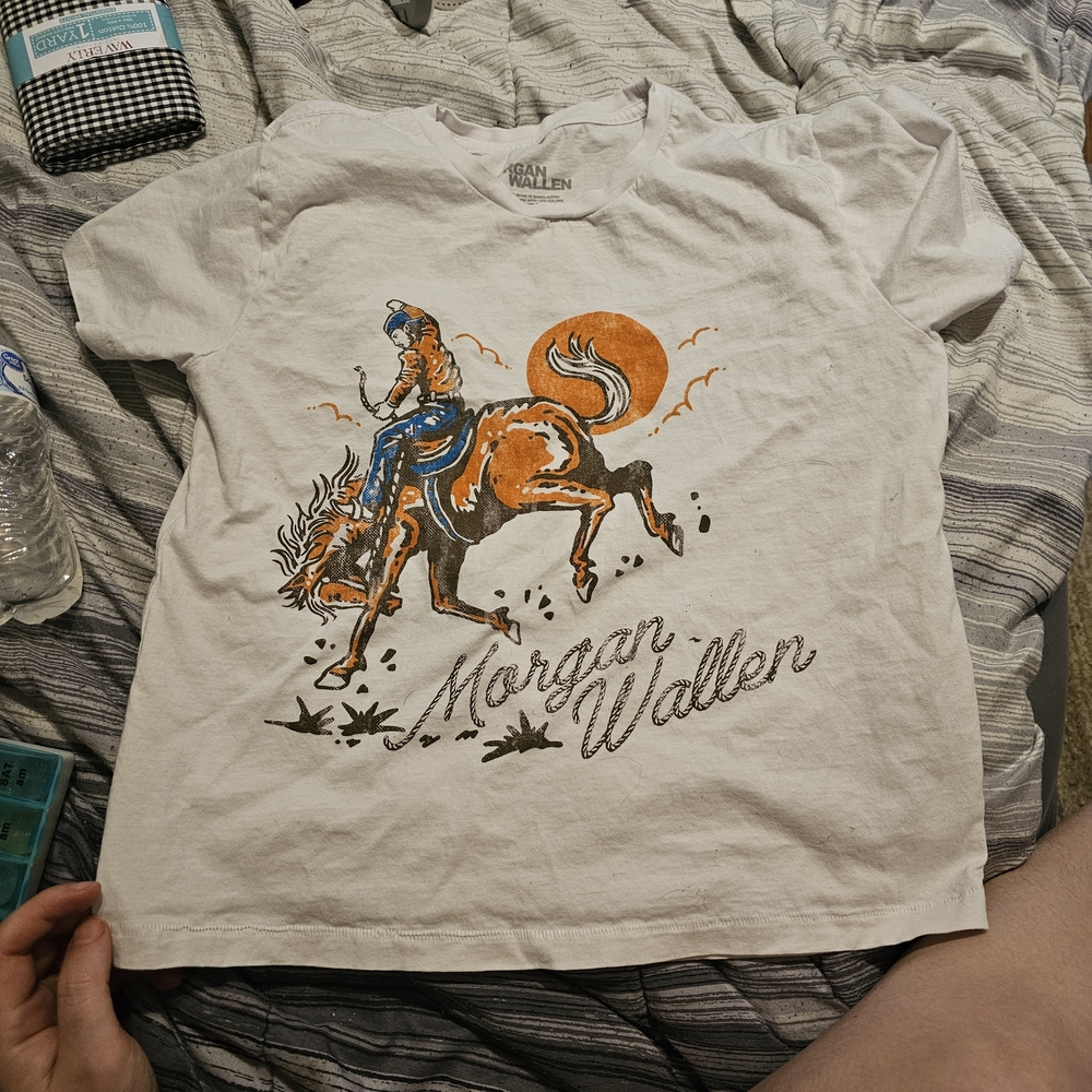 Womans White Graphic Tee - Orange & Blue Rodeo Design